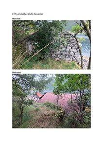 Fotografier av eksisterende fasader på en bygning, med overskrift 'Foto eksisterende fasadar' og merking av retningene 'Mot vest' og 'Mot nord'.