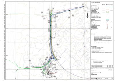 Situasjonsplan som viser plassering av vann- og avløpsanlegg i forhold til eksisterende og planlagt infrastruktur.