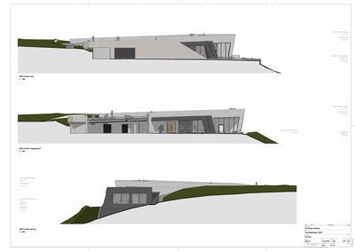 Bildet viser tre fasadetegninger (Nord, Inngangsparti og Sørkutt) av en bygning med terrengforhold.