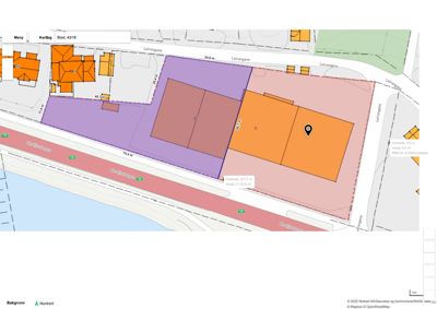 Situasjonsplan som viser tomtens grenser, nabolag, veier og arealdata.