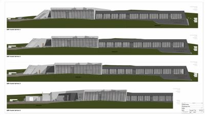 Bildet viser fire ulike fasadealternativer (variant 1-4) for en bygning sett fra en bestemt vinkel, med terrengformet i bakgrunnen.