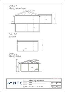Tegning som viser tre snittegninger (A-A, B-B, C-C) av en bygning med mål og konstruksjonsdetaljer.