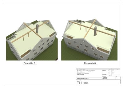 3D-visualisering (rendering) av et hus sett fra to ulike vinkler (Perspektiv 5 og 6), som viser fasade, tak og konstruksjon.