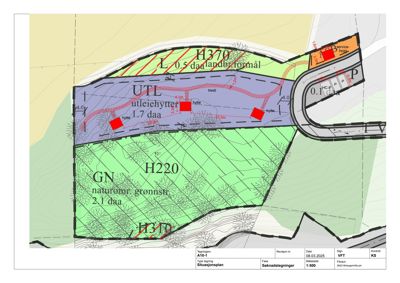Situasjonsplan som viser tomtens areal (daa), bruksareal (UTL, GN), landbruksformål (H370), naturrom (H220), plassering av hytter, veier og parkeringsplasser.