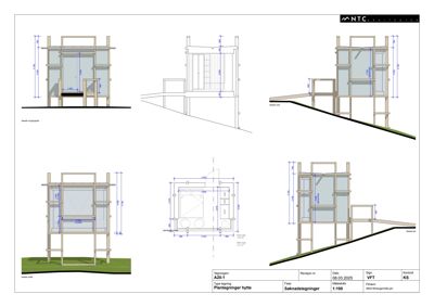 Bildet viser en fasadetegning (opprikk) av en hytte sett fra flere vinkler (for, bak, side) med mål og konstruksjonsdetaljer.