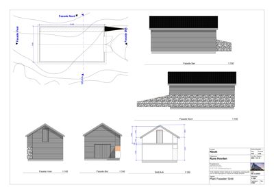 Fasadetegning med oppriss av bygningens fire sider (Nord, Sør, Vest, Øst) og et snitt (A-A).