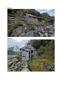 Fotografier av en gammel, forfallelig bygning sett fra to ulike retninger (mot sør og mot aust).