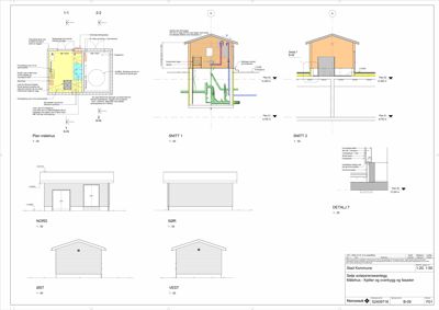 Bildet viser en samling tegninger for et målhus, inkludert etasjeplaner (Plan), snittegninger (SNITT 1, SNITT 2), fasadeopprikk (NORD, SØR, ØST, VEST) og detaljtegninger (DETLI 7).