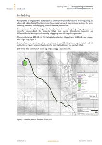Kart over et planområde med topografi (konturlinjer) og en markert rute eller grense. Kartet viser også en planlagt utbygging (grønn og lilla område) og er merket som 'UTKAST'.