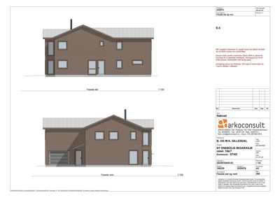 Fasadetegning som viser bygningens utseende sett fra øst og vest.
