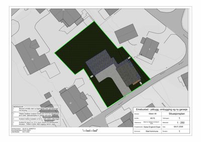 Situasjonsplan som viser tomtens grenser (grønn linje), eksisterende og planlagt bebyggelse, samt avstander til naboeiendommer og vei.