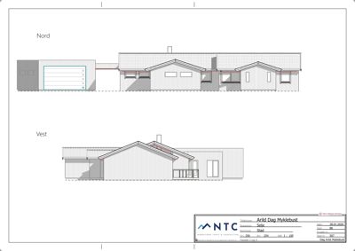 Fasadetegning som viser bygningens utseende sett fra Nord og Vest.