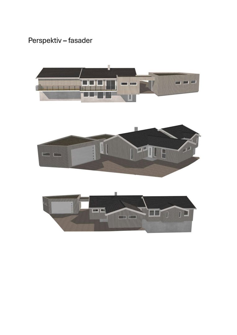 3D-visualisering (rendering) av fasader og bygningens utseende fra ulike vinkler.