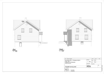 Fasadetegning som viser bygningens utsyn mot øst og vest med mål 1:100.