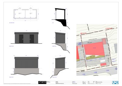 Bildet viser en tegning med fasadeopprikk (fra fire sider) og en situasjonsplan med bygningens plassering på tomten.