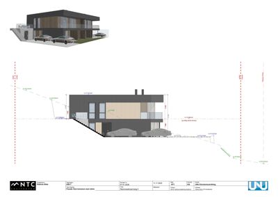 Fasadetegning med oppriss av bygningens utseende, inkludert mål og terrengforhold