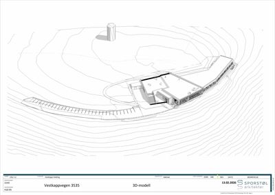 3D-modell (linjetegning) av et byggeprosjekt med omgivende terrenglinjer.
