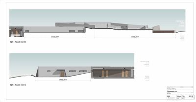 Fasadetegning som viser oppriss av bygningens nordside (fasade nord 1 og 2) med høydeangivelser og vinkelrett markering.