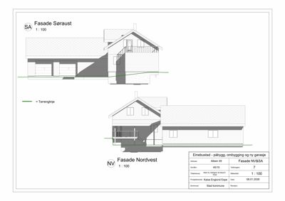 Fasadetegning som viser bygningens utseende fra Sørøst (SA) og Nordvest (NV) med skravering for skygger og terrenglinje.