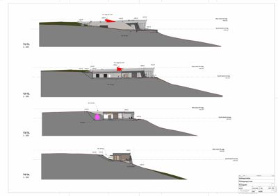 Snittegning (T1-T4) som viser bygningens tverrsnitt i forhold til terrenget og grunnvannsnivå.