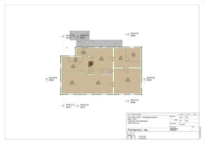 Plantegning av første etasje (1. etg.) som viser romfordeling, arealer og snittlinjer.
