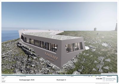 3D-visualisering (rendering) av en planlagt bygning (Vestkapp) sett fra utsiden, med omgivende natur.