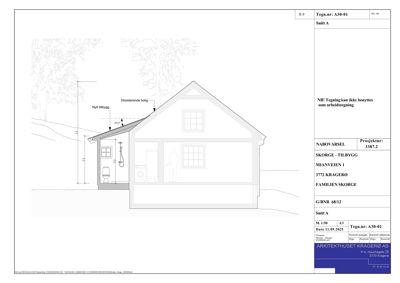 Snittegning (Snitt A) som viser tverrsnittet av en bygning med mål og detaljer om nytt tilbygg.