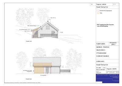 Fasadetegning som viser oppriss av bygningen sett fra nord, vest og en del av øst, med angitte mål og endringer.