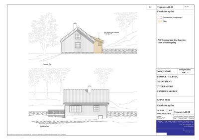 Fasadetegning som viser bygningens utseende fra øst og sør, inkludert detaljer om tilbygg og eksisterende inngangsparti.