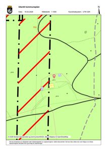 Utsnitt av et kommunekart som viser eiendomsgrenser, vegnett og arealbruk.