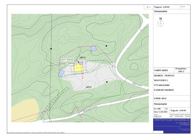 Situasjonsplan som viser tomtens beliggenhet, høydemålerlinjer, naboeiendommer og veier.