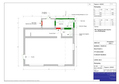 Plantegning som viser romfordeling, dører, vinduer og arealoppdelinger for et hus.