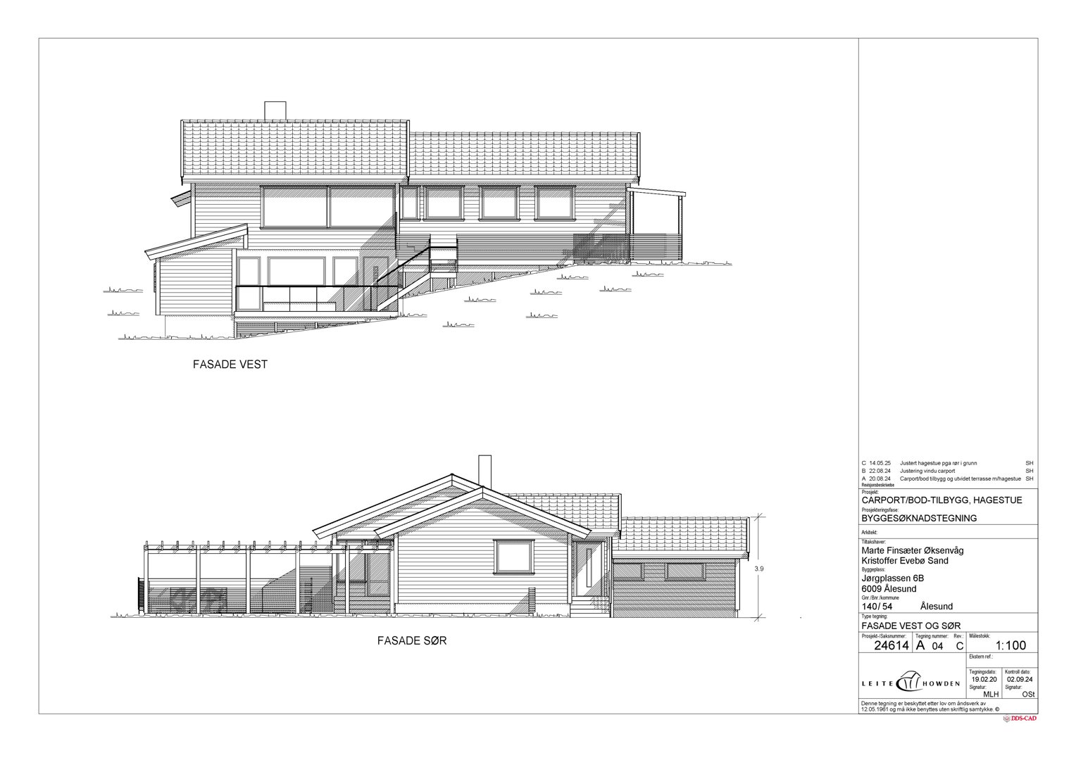 Tegning som viser fasadeopprikk for bygningen sett fra vest og sør.