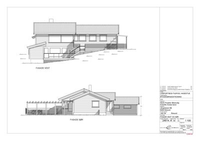 Tegning som viser fasadeopprikk for bygningen sett fra vest og sør.