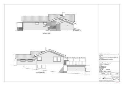 Fasadetegning som viser bygningens utseende fra øst og nord.
