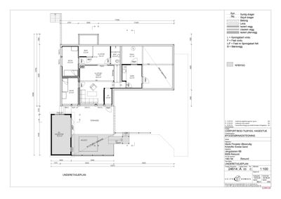 Undersattegning (etasjeplan) som viser romfordeling, veggtyper og dimensjoner for en nybygget bolig.