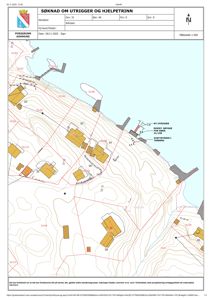 Situasjonsplan med eiendomsgrenser, høydemålerlinjer, eksisterende og planlagt bebyggelse, samt tekst om søknad om uttrigger og hjelpetrinn.
