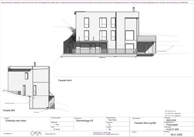 Fasadetegning som viser bygningens utseende fra nord og øst, inkludert vinduer, takform og materialer.