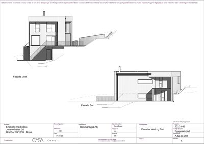 Fasadetegning som viser bygningens utseende fra vest og sør, inkludert vinduer, dører, trapper og terrasser.