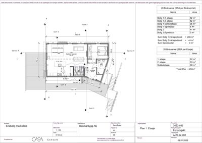 Etasjeplan (1. etasje) med romfordeling, dimensjoner og arealoppsett for en ebeboli med utleie.