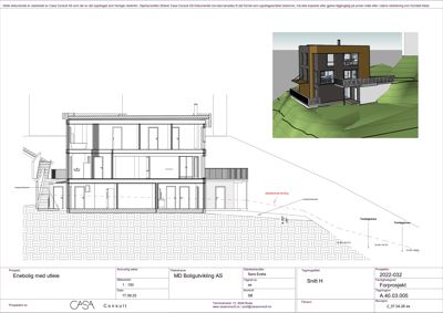 Snittegning (Snitt H) av enebolig med uteleie, inkludert detaljer om grunnmur, terrassering og takkonstruksjon. Øverst er det en 3D-rendering av bygningen sett fra siden.