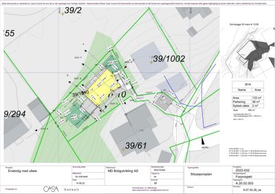 Situasjonsplan som viser tomtens beliggenhet, nabotomter, solavhengighet og arealoppdeling for et boligprosjekt.