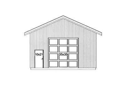 Fasadetegning som viser fronten på en bygning med en stor garasjeport og en mindre inngangsdør.