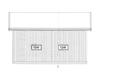 Fasadetegning som viser fronten på en bygning med to dører (12x6) og et tak.
