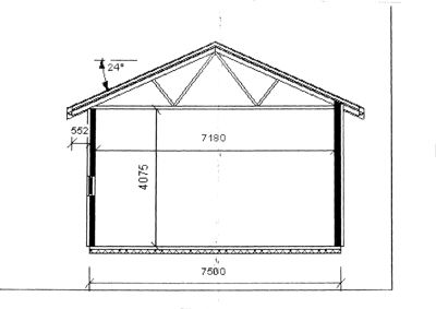 Fasadetegning som viser bygningens utvendige profil, takform og dimensjoner.