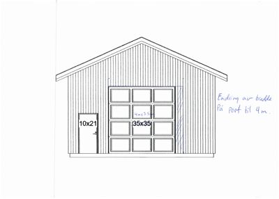 Fasadetegning av en bygning (sannsynligvis garasje eller uthus) med oppgitt mål på dører og vinduer, samt håndskrevne notater om endringer.