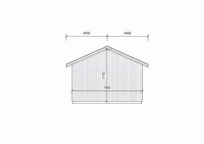 Fasadetegning som viser bygningens front med mål for bredde, høyde og takhelling.