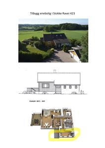 Bildet viser en samling av dokumentasjon for en tilbyggsplan. Det øverste bildet er et fotografi av eksisterende hus og tomt. Midt i bildet er en fasadetegning (opprikk) av huset sett fra øst. Nederst er en 3D-visualisering av etasjeplanen med romfordeling og møbler.