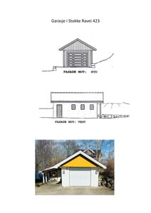 Bildet viser tegninger av fasader (mot syd og vest) for en garasje, samt et fotografi av den ferdige bygningen.