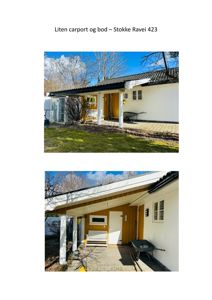 Fotografier av en liten carport og bod ved Stokke Ravei 423.